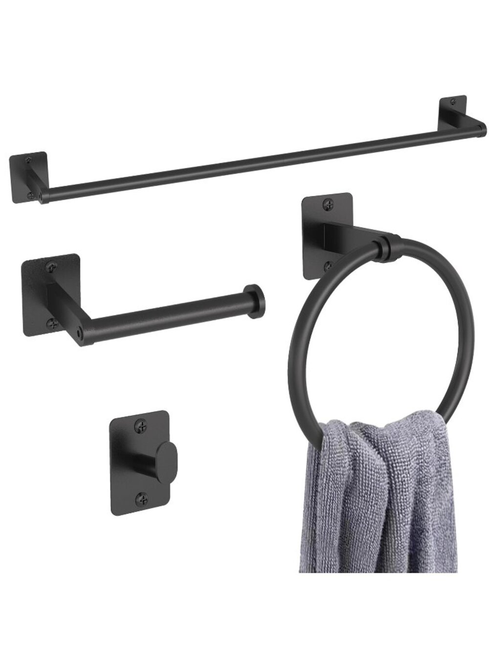 Black Bathroom Hardware Set 4PC 24" Towel Bar Hooks Toilet Paper Holder